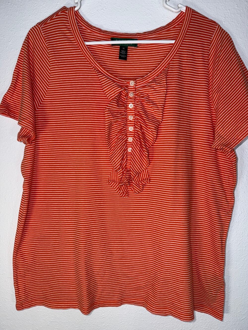 RALPH LAUREN Orange Striped Short Sleeve Ruffle Tee 100% Cotton Womens Sz 1X